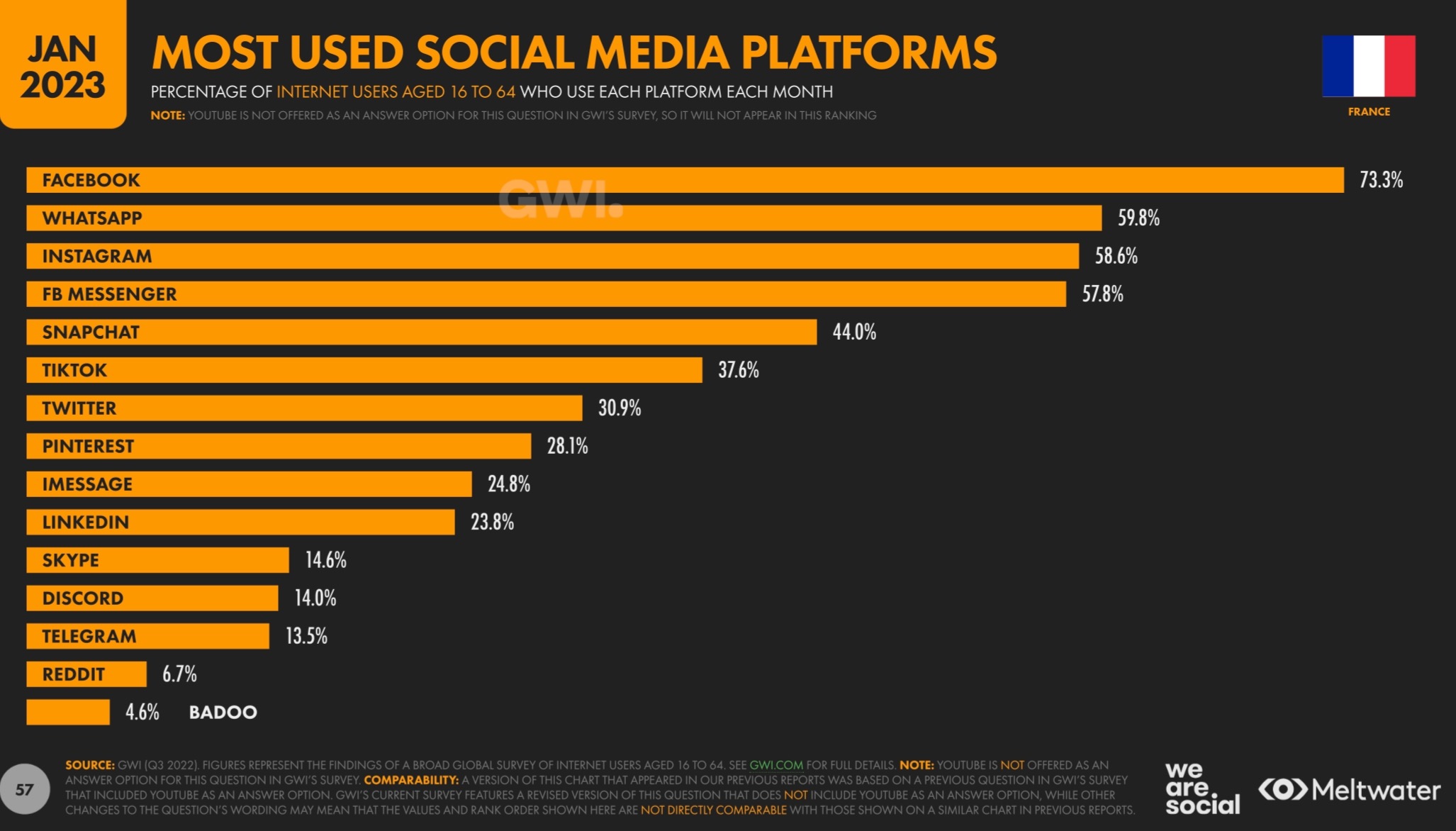 Graphique représentant les réseaux sociaux les plus utilisés en France